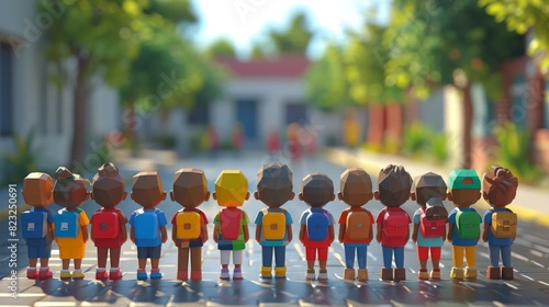 Group of 3D minimalist cartoon children standing in front of a school, representing access to education and the dawn of children rights photo