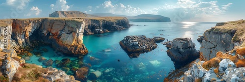 Atop windswept cliffs of the Shetland Islands a colony of seals basks in the warm afternoon sun photo