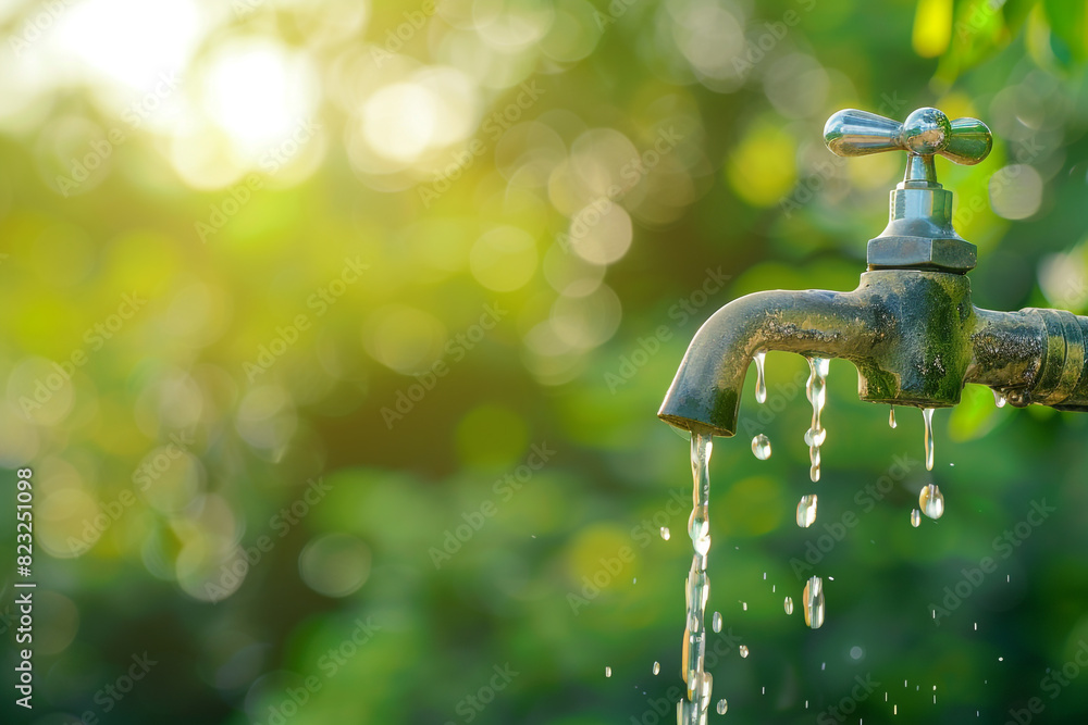 Water tap with water drop outdoor green park background Water tap with water drop outdoor green park background