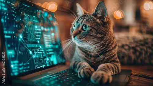 A curious cat looks at a laptop screen displaying code and digital graphics in a warm, cozy setting. photo