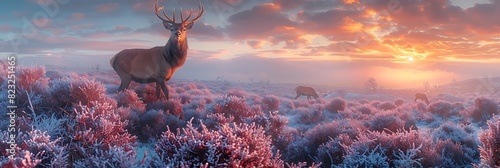Atop windswept moors of Dartmoor a pair of red deer graze peacefully amidst the heathercovered landscape photo