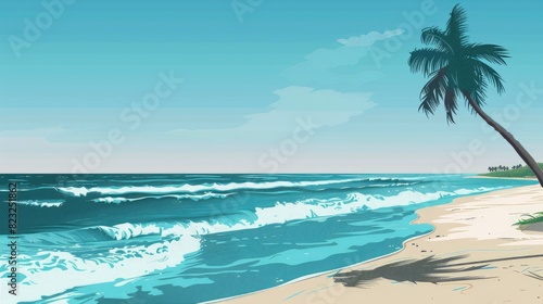 A Serene Beach With Gentle Waves And A Single Palm Tree  Cartoon  Flat color