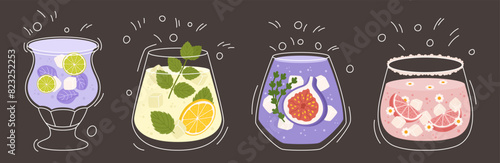 Collection with different taste lemonade, various of glasses shapes. Lemon, mint, fig fruit, strawberry and grapefruit, lime, petals. Vector illustration in outline and flat color on dark background