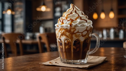 Decadent Caramel Macchiato Topped with Whipped Cream and Caramel Drizzle in a Cozy Caf   Setting