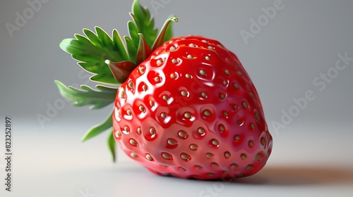 High-quality close-up photo of a ripe  juicy red strawberry with bright green leaves on a neutral background. Perfect for food and fruit imagery.