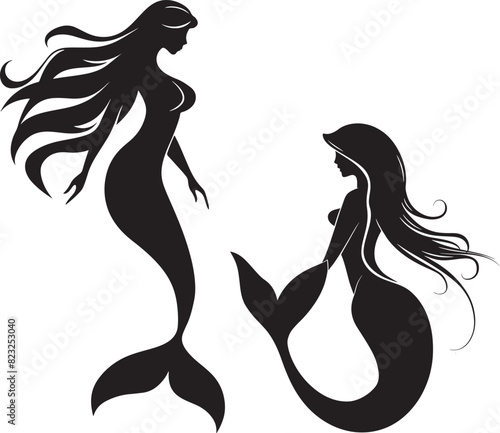 two mermaids black and white illustration