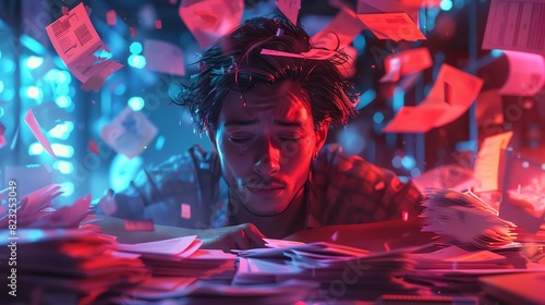 Stressed man amid flying papers and documents, overwhelmed with work, illuminated by blue and red lights, symbolizes chaos and pressure photo