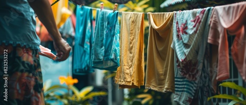 A person hanging clothes on a line to dry