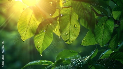 Sunlit green leaves with water droplets, capturing the beauty of nature and the freshness of the environment. photo