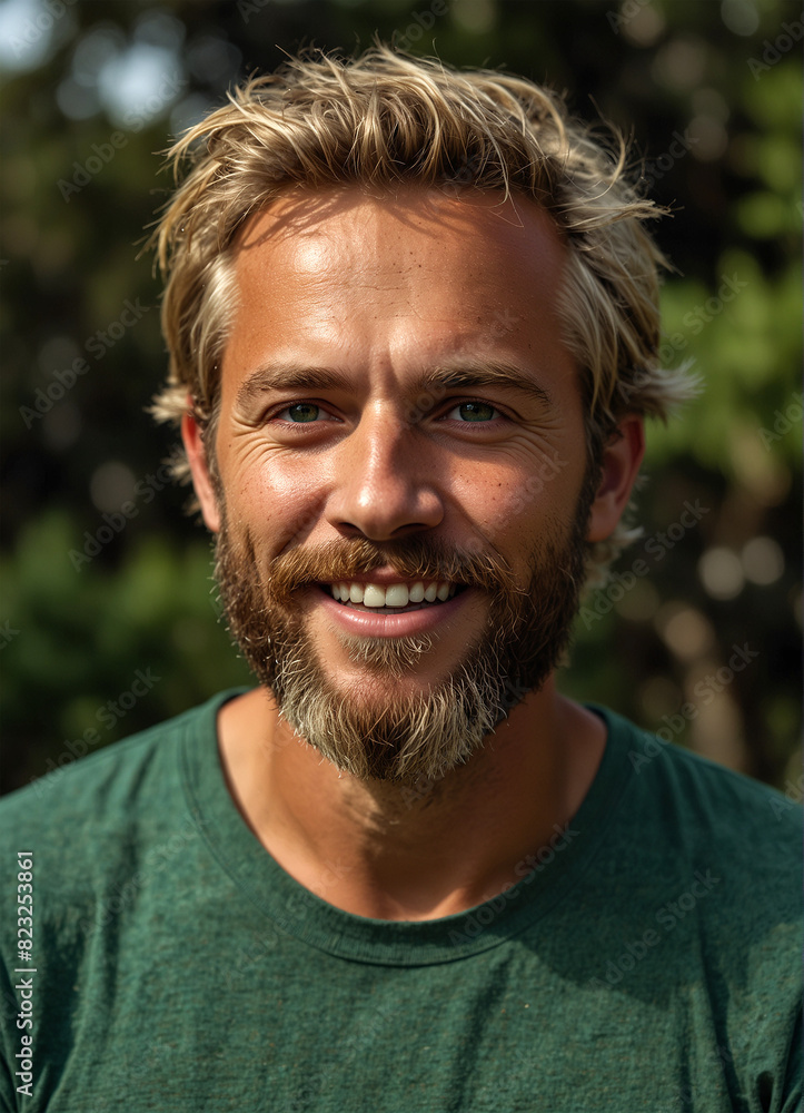 A rugged Australian man with sun-bleached blond hair and a rugged beard smiles confidently in a green T-shirt A rugged Australian man with sun-bleached blond hair and a rugged beard smiles confidently in a green T-shirt