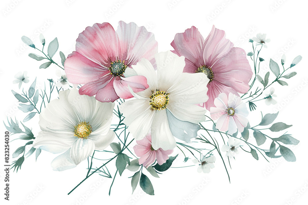 Watercolor cosmos clipart with delicate pink and white flowers Watercolor cosmos clipart with delicate pink and white flowers