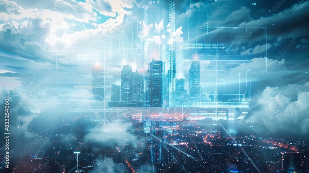 A hologram of an architectural building, sustainable architecture concept A hologram of an architectural building, sustainable architecture concept