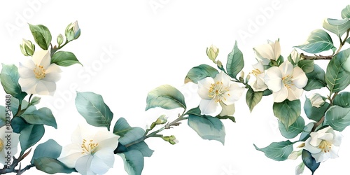 Botanical corner border design featuring watercolor jasmine flowers. Concept Watercolor Jasmine Flowers, Botanical Border Design, Floral Art, Nature Illustration, Hand-painted Botanical Art photo