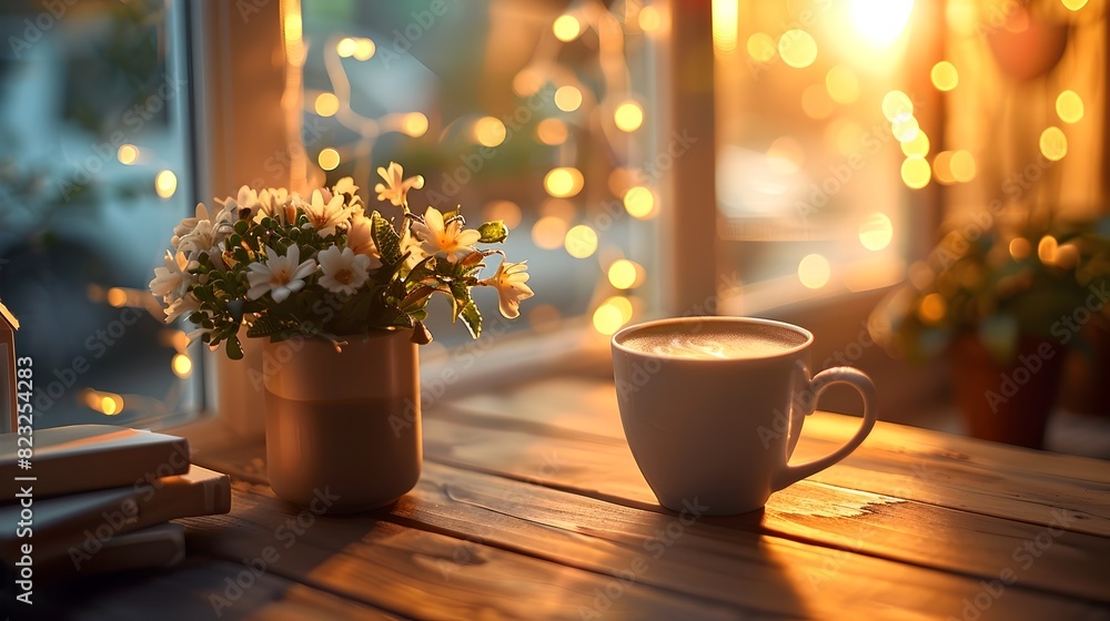 Cozy Caf Moment with Comforting Cup of Coffee on Wooden Table in Warm Lighting Cozy Caf Moment with Comforting Cup of Coffee on Wooden Table in Warm Lighting
