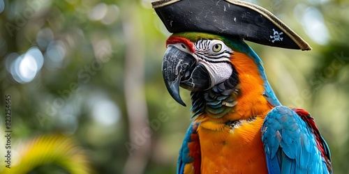 A colorful parrot wearing a pirate outfit ready to set sail. Concept Animal Photography, Costumed Pets, Fun and Whimsical Shoots photo