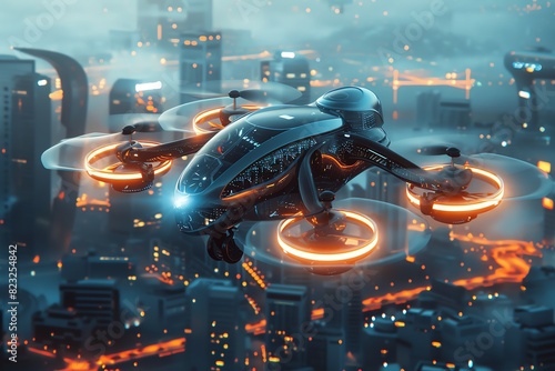 Futuristic drone flying over a modern cityscape at night, illuminated by neon lights and surrounded by tall buildings.