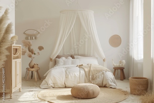 A minimalist children's room with a white bed canopy, wooden furniture, and soft pastel accents © Fitry