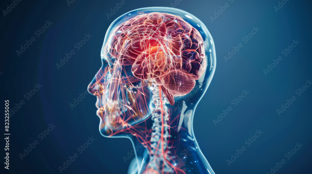 A human head with transparent skin showing the neural system inside A human head with transparent skin showing the neural system inside