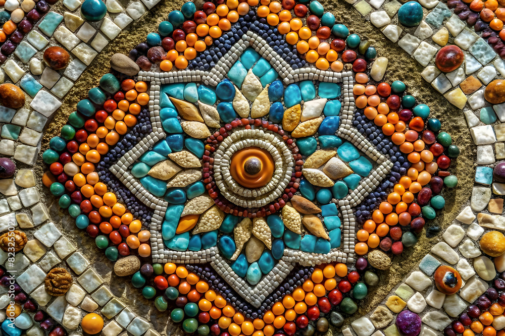 Create a stunning mosaic masterpiece with square shaped pebbles and glass pieces, using a mix of vibrant and muted colors for a unique and eye-catching effect Create a stunning mosaic masterpiece with square shaped pebbles and glass pieces, using a mix of vibrant and muted colors for a unique and eye-catching effect