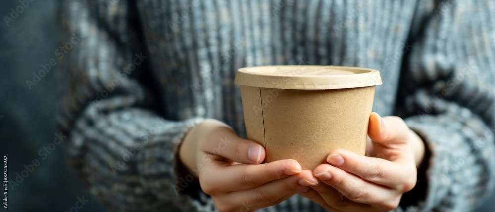 Hands holding a compostable food container, promoting sustainable packaging Hands holding a compostable food container, promoting sustainable packaging