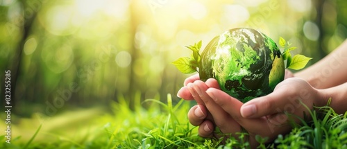 Hands holding a globe with green trees and grass