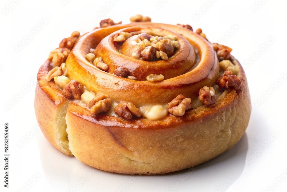 Fototapeta premium One cinnamon roll with nuts isolated on white background, sweet bun, cromboloni