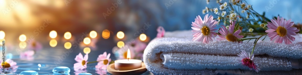 Serene Spa Ambiance with Candles, Towels, and Tropical Flowers Serene Spa Ambiance with Candles, Towels, and Tropical Flowers