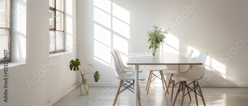 Minimalist dining area with a white table and simple decor