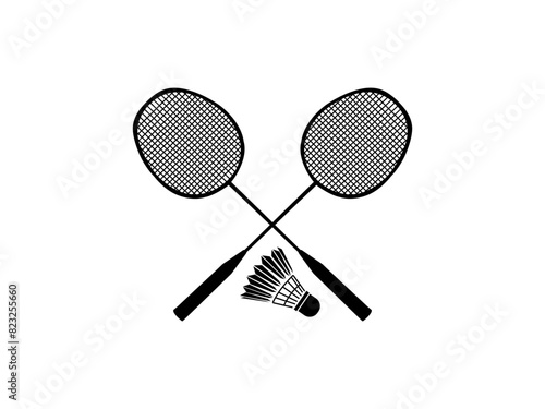 Two badminton rackets and a shuttlecock silhouette. Badminton racket and shuttlecock isolated on a white background.