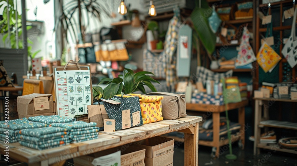 A display of upcycled products, such as furniture or fashion items, with tags describing their origin and a business model canvas in the background