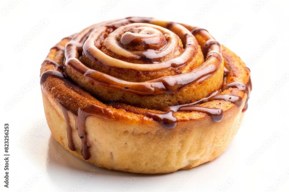 One cinnamon roll with moccacino isolated on white background, sweet bun, cromboloni One cinnamon roll with moccacino isolated on white background, sweet bun, cromboloni