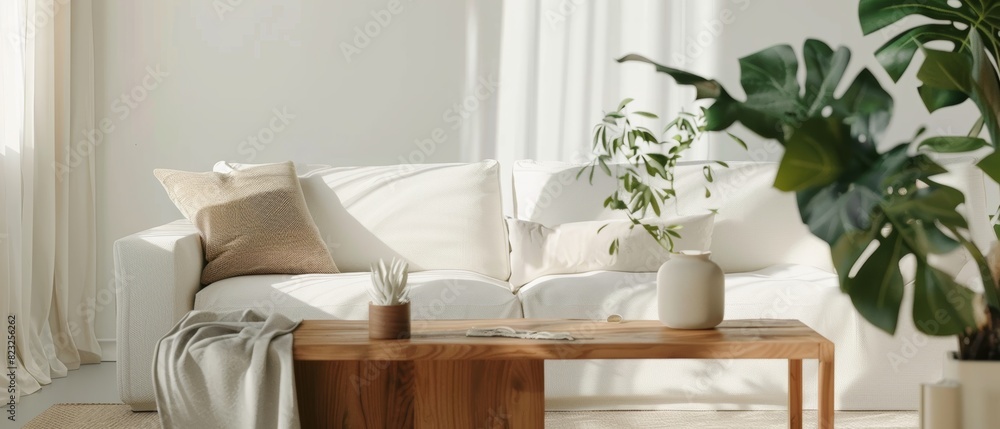 Modern minimalist living space with a white sofa, wooden coffee table, and a plant Modern minimalist living space with a white sofa, wooden coffee table, and a plant
