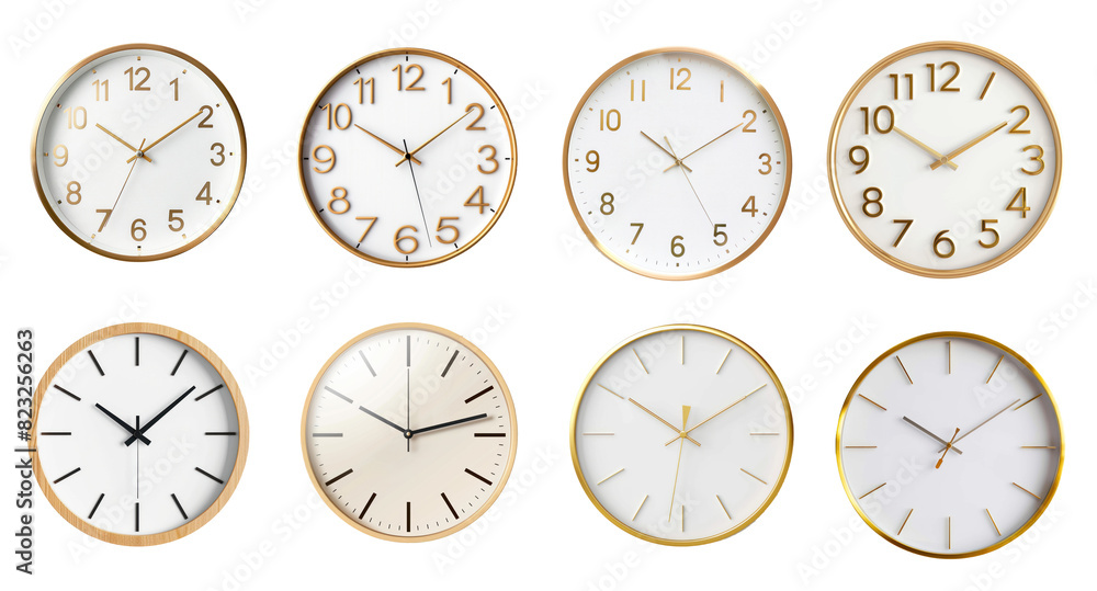 Set of different Modern wall clocks, PNG file of isolated cutout object on transparent background. Set of different Modern wall clocks, PNG file of isolated cutout object on transparent background.