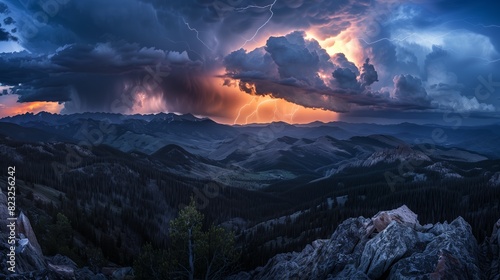 A mountain thunderstorm unfolds: dark clouds, lightning, and echoing thunder paint a dramatic scene.