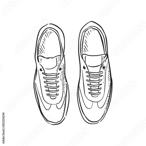 Hand drawn digitised pair of trainers or sneakers. Line drawing in black and white in a sketchy style.