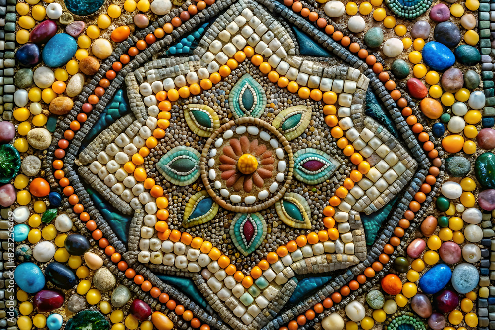 Fototapeta premium Create a stunning mosaic masterpiece with square shaped pebbles and glass pieces, using a mix of vibrant and muted colors for a unique and eye-catching effect