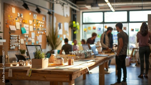 An incubator space dedicated to ecoinnovation, featuring prototypes, brainstorming sessions, and business model canvases for various circular economy startups
