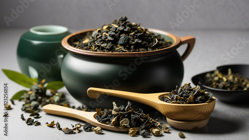 bowl filled with  green tea leaves on grey background 