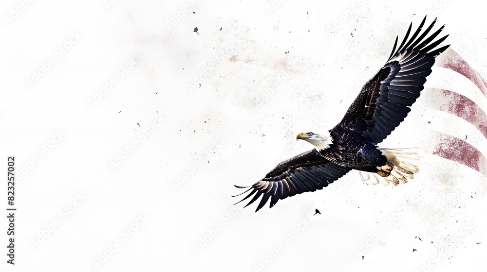 Obraz premium Illustration of an American bald eagle in front of USA's flag. The bald eagle is the emblem of the nation with its' fierce beauty and proud independence symbolizes the strength and freedom of America