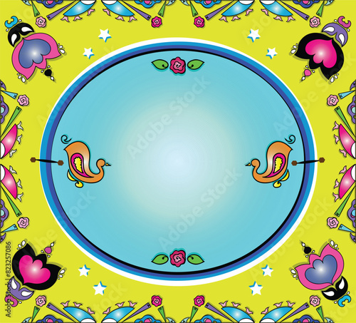 Bright and colorful eye catching truck art, tribal square banner background template with traditional floral ethnic motives. Empty space on the vibrant board for your text and artistic elements