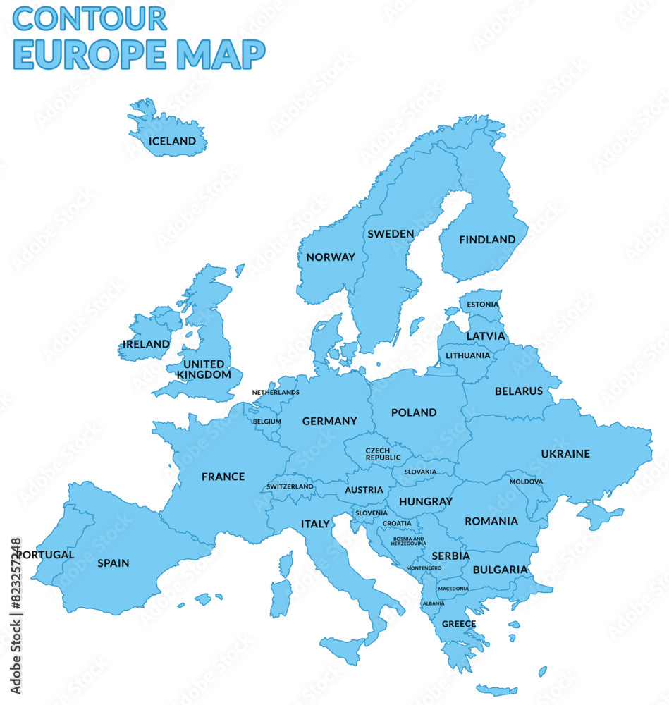 Mapa Europy z granicami nazwami państw z granatowym konturem i niebieskim wypełnieniem