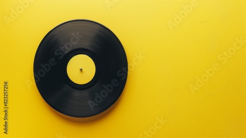 Top view of a simple black vinyl record with a small yellow center, starkly contrasted against a solid yellow background for a bold look.