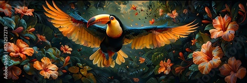 Beneath emerald canopy of the Costa Rican rainforest a colorful toucan takes flight in search of ripe fruit photo