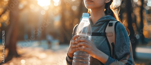 Woman holding a reusable water bottle, advocating for reduced plastic use photo