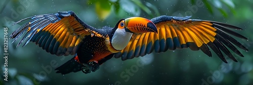Beneath emerald canopy of the Costa Rican rainforest a colorful toucan takes flight in search of ripe fruit