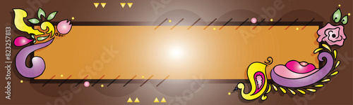 Bright and colorful eye catching truck art, tribal horizontal banner background template with traditional floral ethnic motives. Empty space on the vibrant board for your text and artistic elements