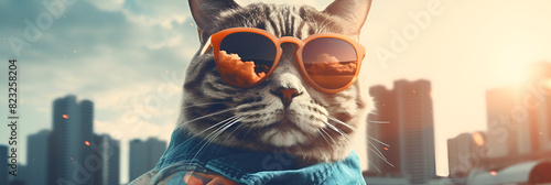 A stylish cat wearing sunglasses and a blue jacket, exuding coolness and fashion sense, beautiful cat photo