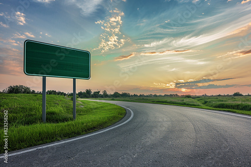 Suburban road bend with a wide custom-shaped green road sign, flanked by rich grass and a serene sky.