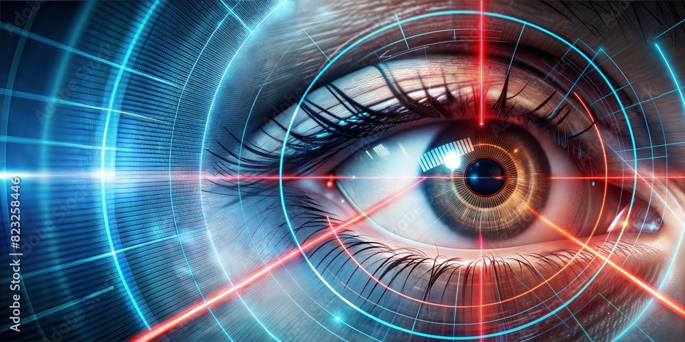 Data eye with laser ray. Abstract photo of eyes with technical background and red laser ray Data eye with laser ray. Abstract photo of eyes with technical background and red laser ray