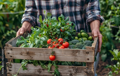 A farmer holding an organic vegetable box full of fresh vegetables, representing the sustainable farm-to-table eating concept © Chand Abdurrafy